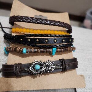 Nwt Womens Brown and Black Leather & Beaded Bracelet Set